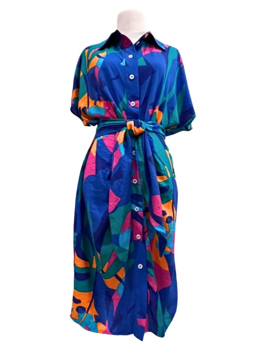 NWT Colorful Soft Tropical Abstract Button Down Tie Waist Midi Shirt Dress